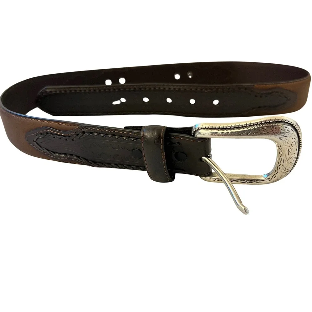 Mens Western Brown Black Genuine Leather Belt Engraved Silver Buckle Conchos